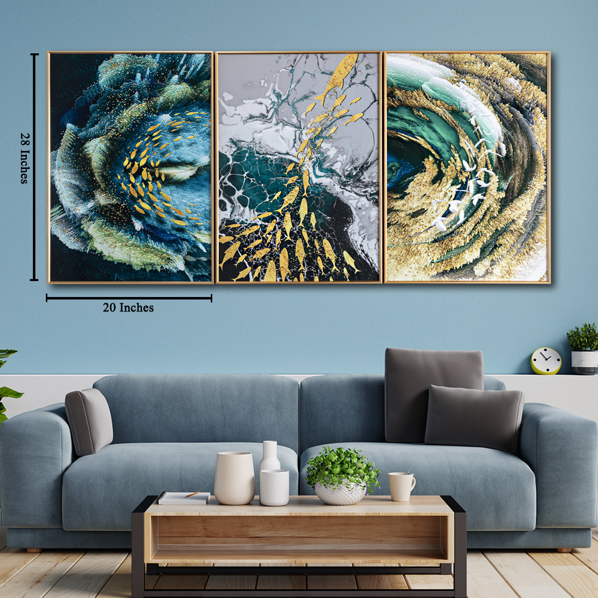 Buy Aqua Contemporary Abstract Framed Crystal Glass PaintingSet of 3