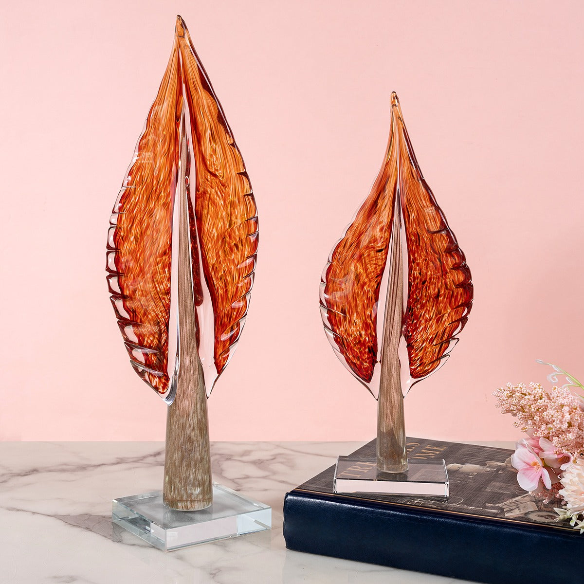 Verdant Oasis Handblown Glass Leaf Showpiece - Set of 2 Red