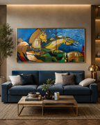 Dynamic Horses Wall Spectacle Hand Wall Painting For Home (outer Floater Frame )  (55 x 28 Inches)