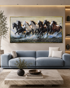 Seven Horses Run Wild 100% Hand Painted Wall Painting(With outer Floater Frame) - Medium (55 x 28 Inches)