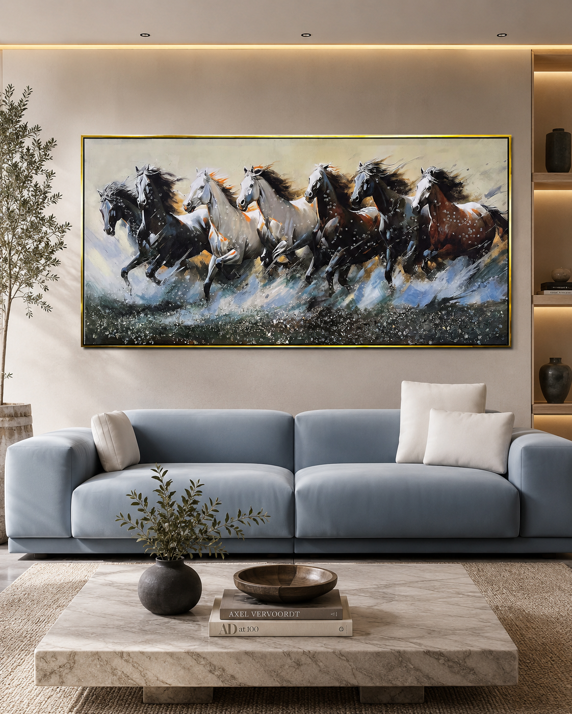 Seven Horses Run Wild 100% Hand Painted Wall Painting(With outer Floater Frame) - Medium (55 x 28 Inches)