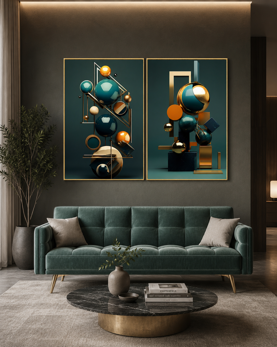 Futuristic Shapes Framed Canvas Painting & Wall Decoration Item - Set of 2