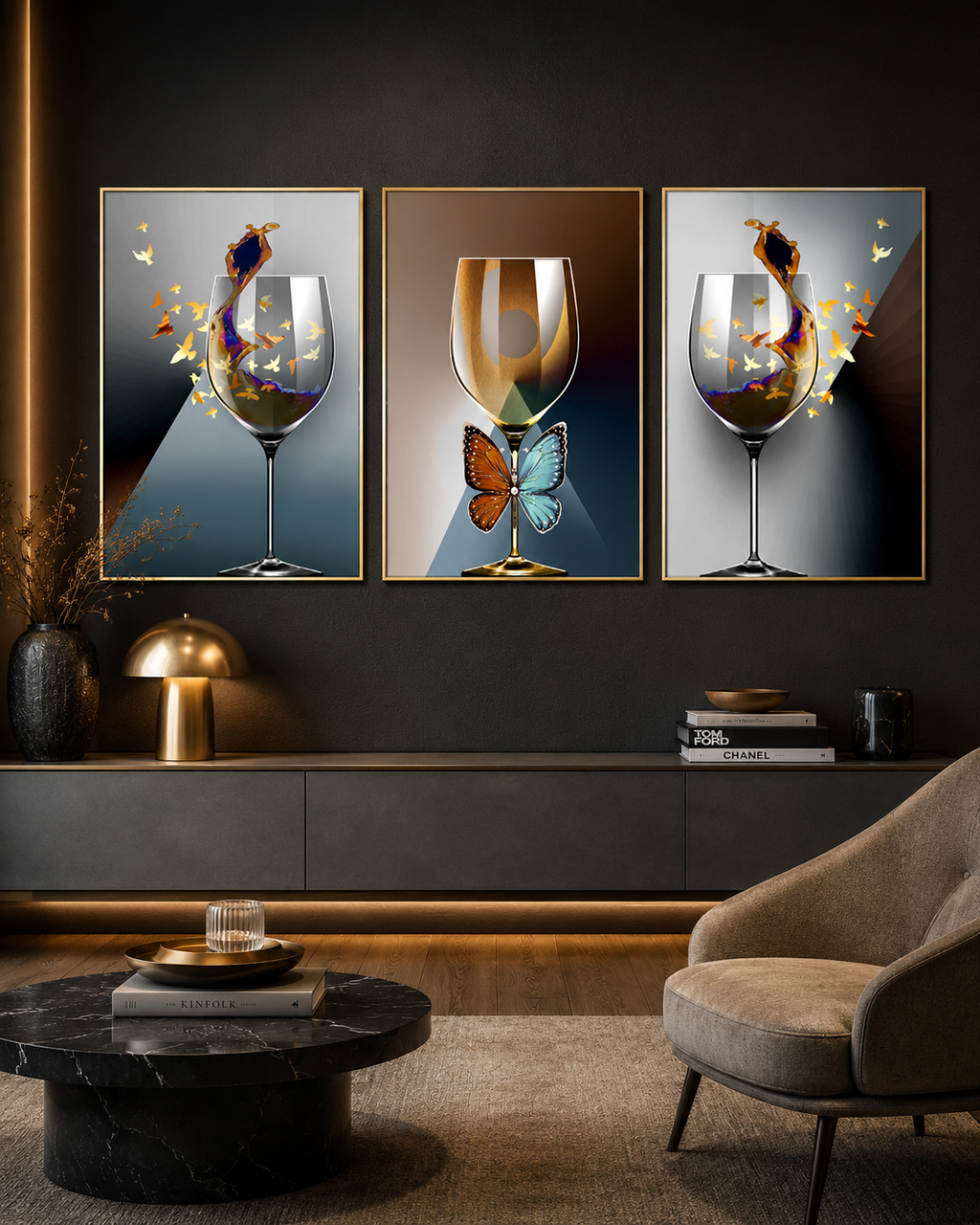 Strokes of Perfection Framed Canvas Wall Art - Set of 3 (Golden Frame )