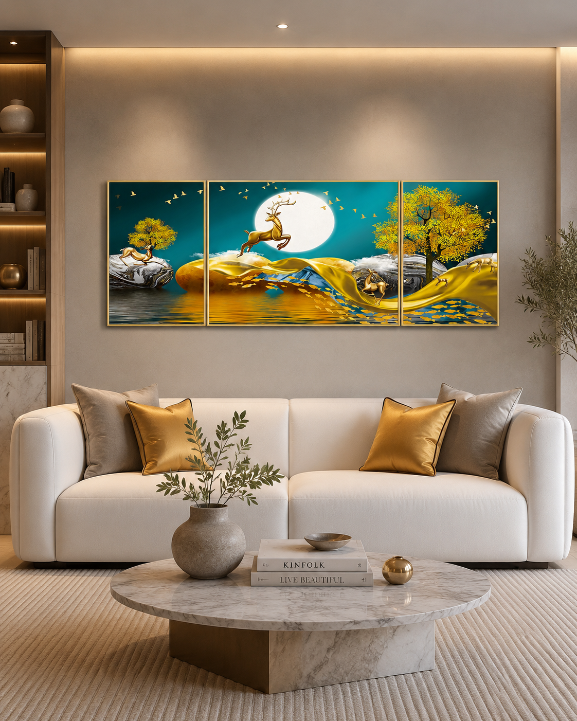 Mystical Moonlight Set of 3 Framed Canvas Wall Paintings for Home - Yellow