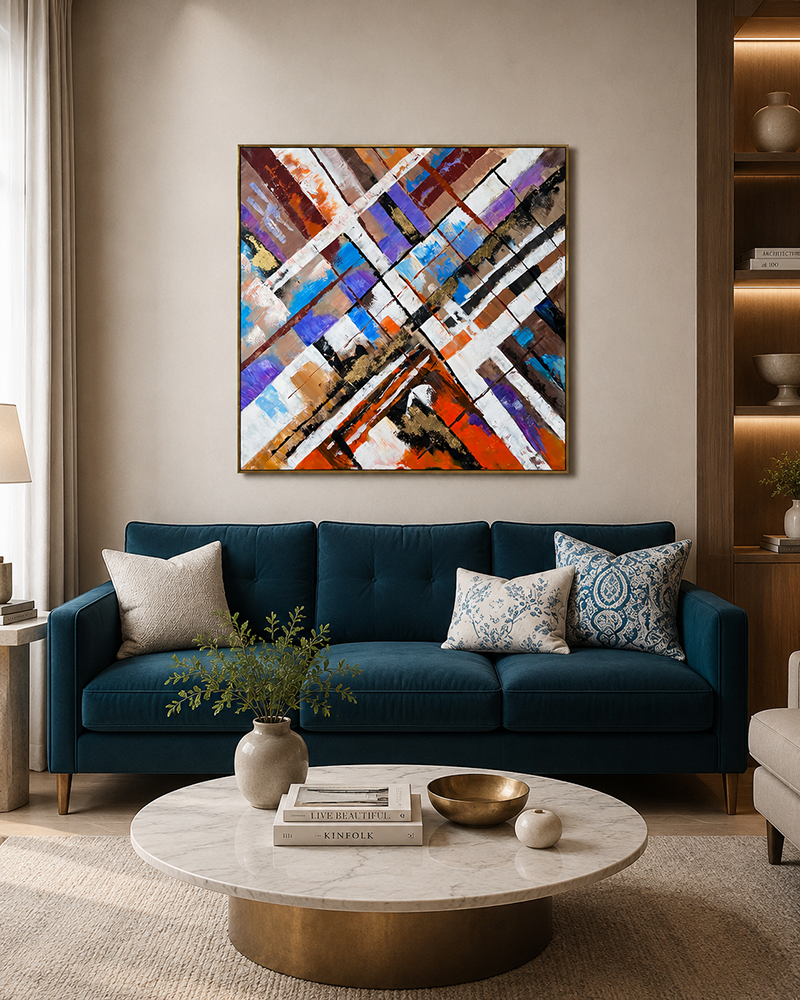 Blissful Brushstrokes  Hand wall Painting For Home (With outer Floater Frame) (40 x 40 Inches)