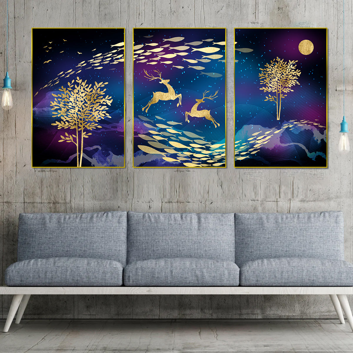 Mystical Moonlight Set of 3 Framed Canvas Wall painting Art