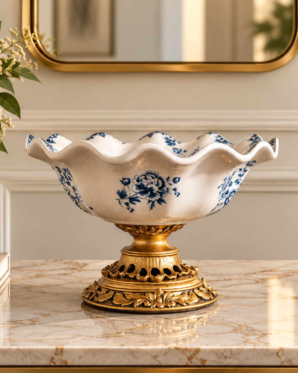 Majestic Fleur Decorative Vase & Showpiece & Home Decoration Item (Blue Pottery)