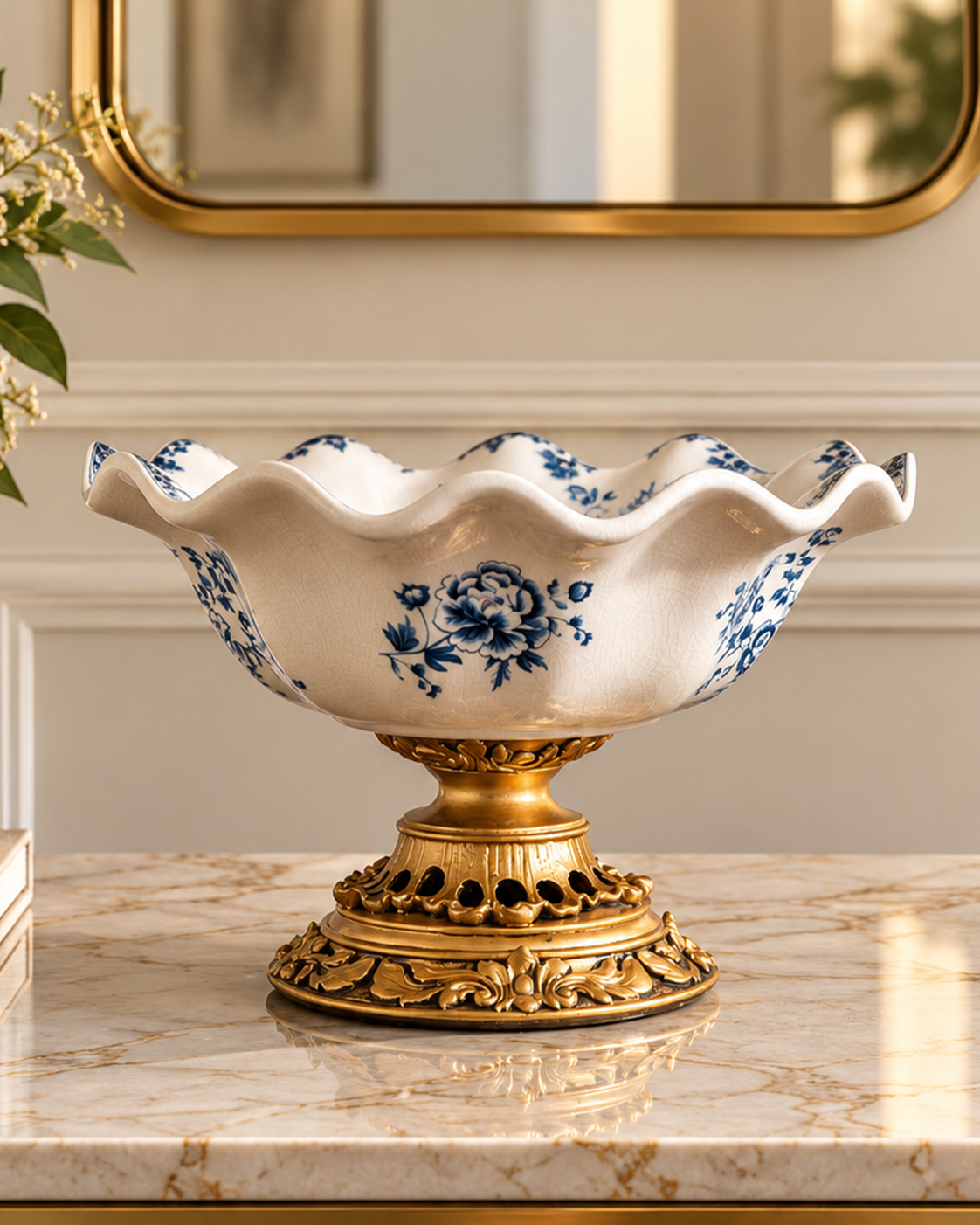 Majestic Fleur Decorative Vase & Showpiece & Home Decoration Item (Blue Pottery)