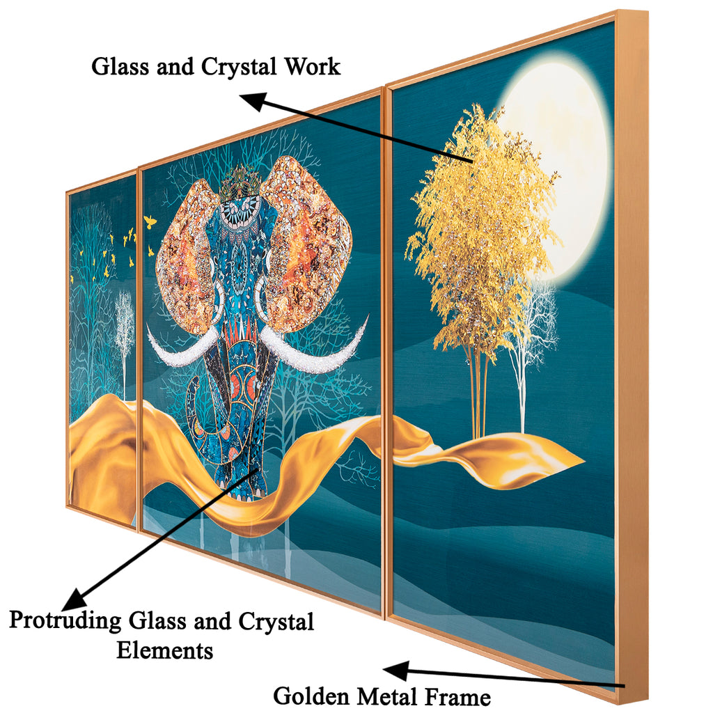 The Udaipur Elephant Crystal Glass Painting Forest - Set of 3