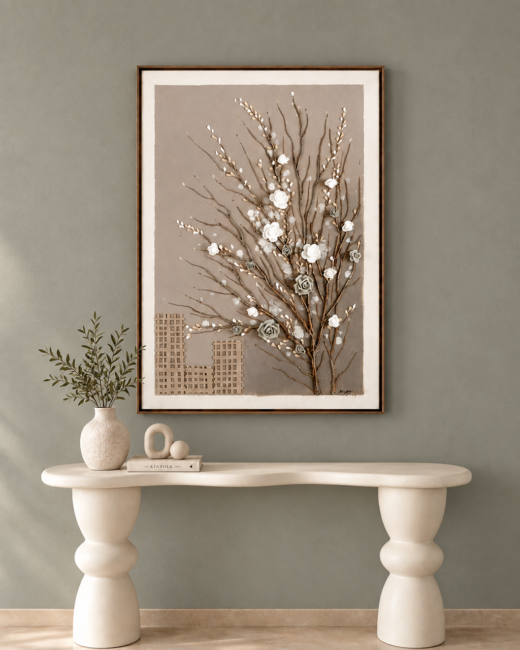 Blooming Skyline Hand painting for Home Wall (With Outer Floater Frame) (47x31.5 Inches)