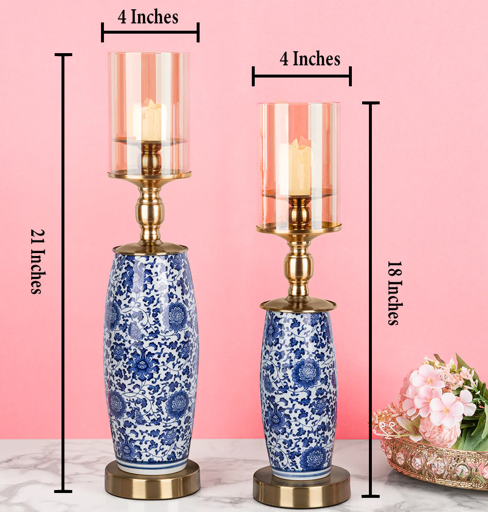 Duchess Floral Decorative Candle Stand - Set of 2 (Blue Pottery)