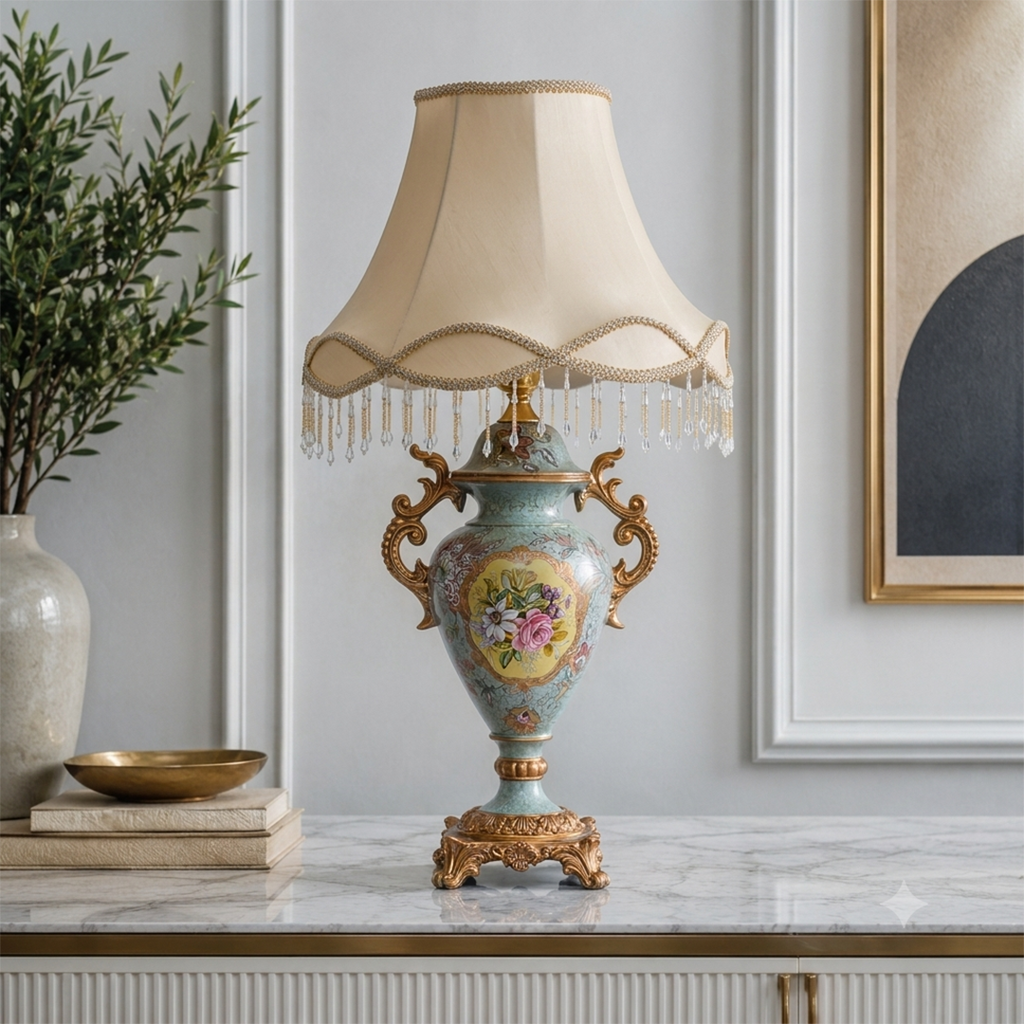 Regal Floral Porcelain Table Lamp for Living Room