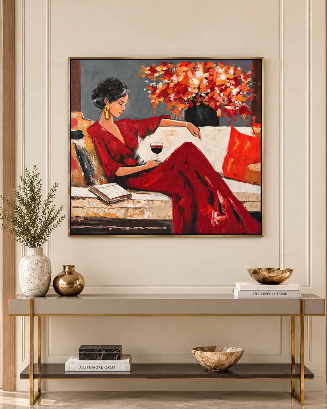 Lady in Red 100% Hand Painted Wall Painting (With Golden Outer Floater Frame frame) (39.5 x 39.5  Inches)
