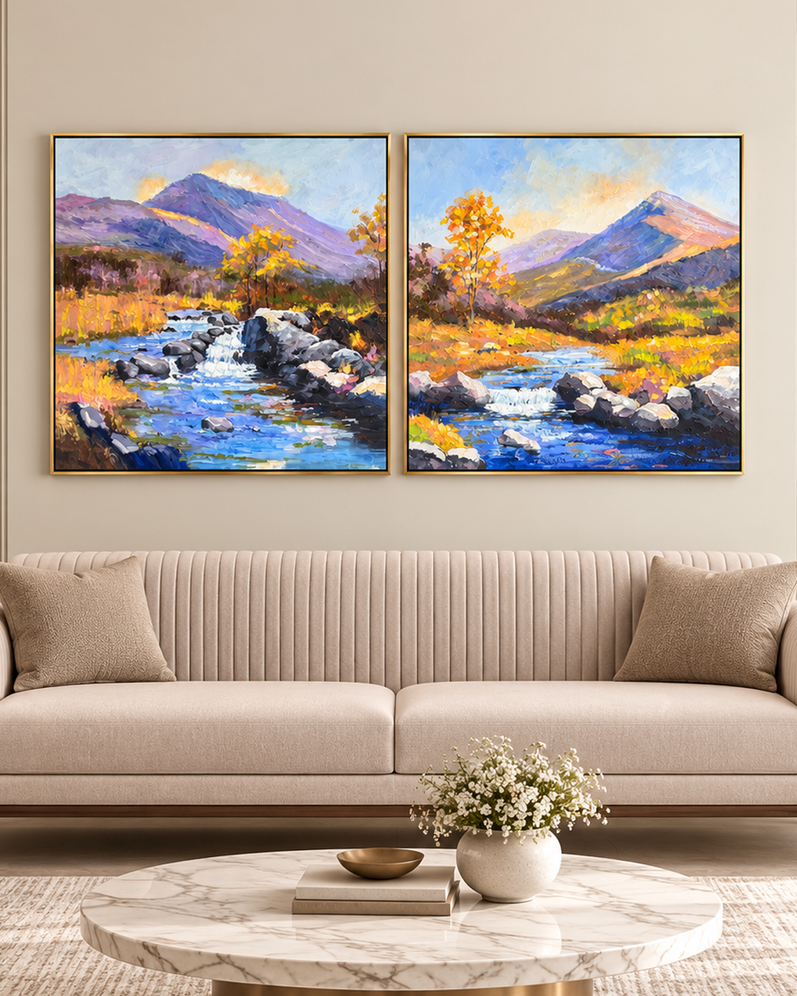 River Through the Valley 100% Hand Painted Wall Painting (With Golden Outer Floater Frame frame)