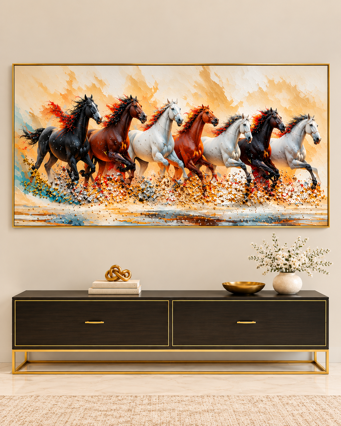 Velocity of Victory 7 Horse Vastu Crystal Glass Painting for Living Room & Item for Wall Decoration