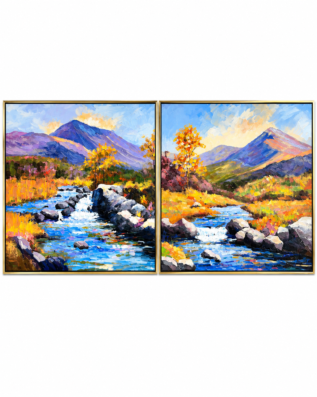 River Through the Valley 100% Hand Painted Wall Painting (With Golden Outer Floater Frame frame)