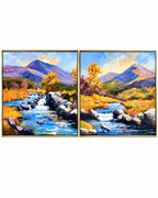 River Through the Valley 100% Hand Painted Wall Painting (With Golden Outer Floater Frame frame)