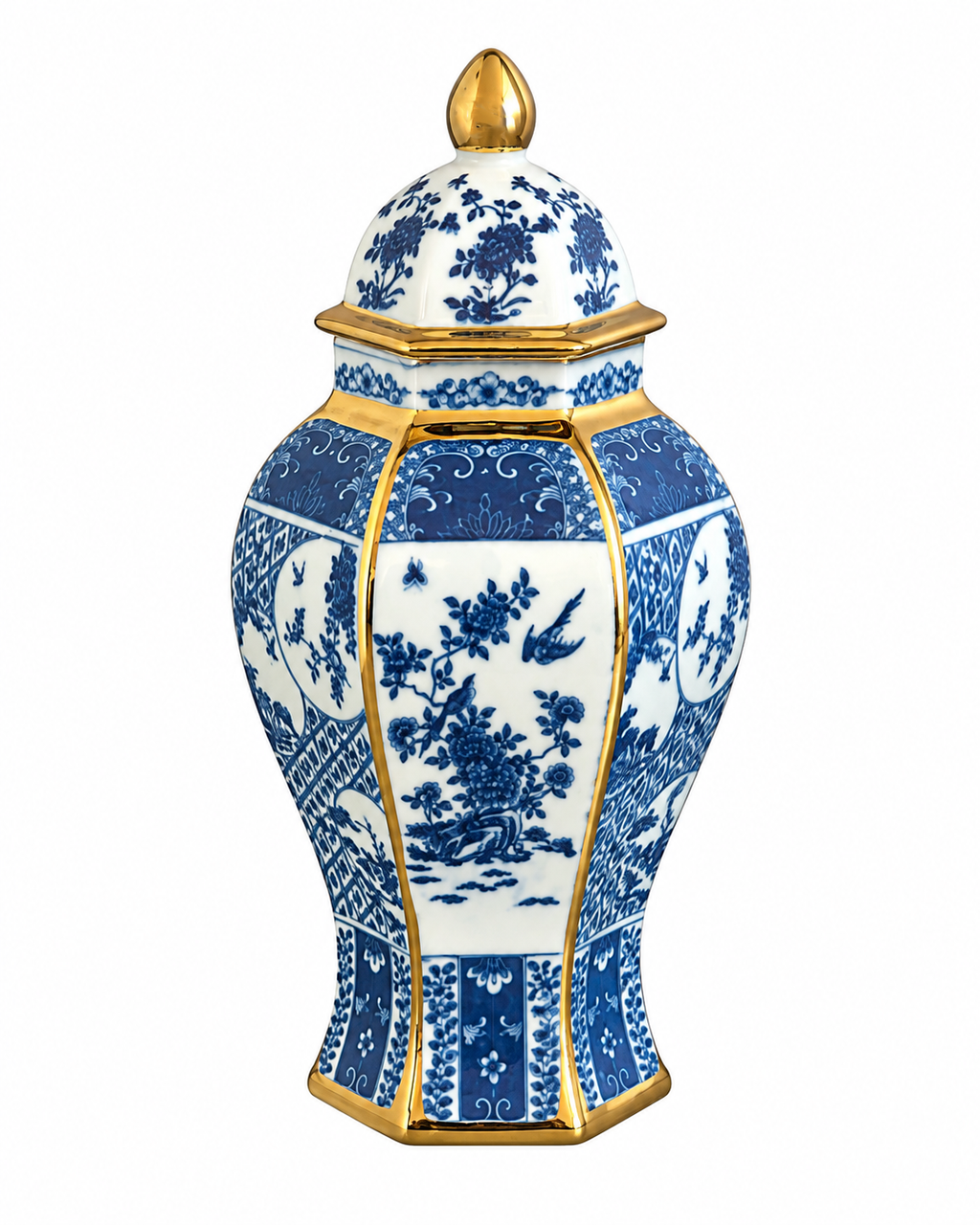 Bird Garden Lidded Decorative Vase & Showpiece for Home & Item for Home Decoration (Blue Pottery)