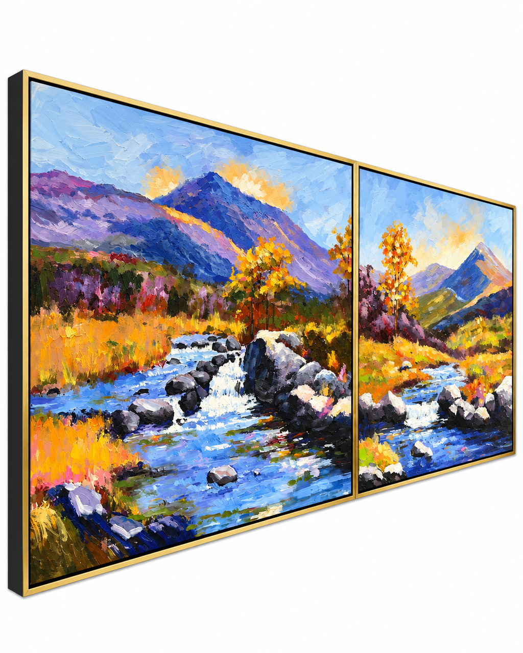 River Through the Valley 100% Hand Painted Wall Painting (With Golden Outer Floater Frame frame)