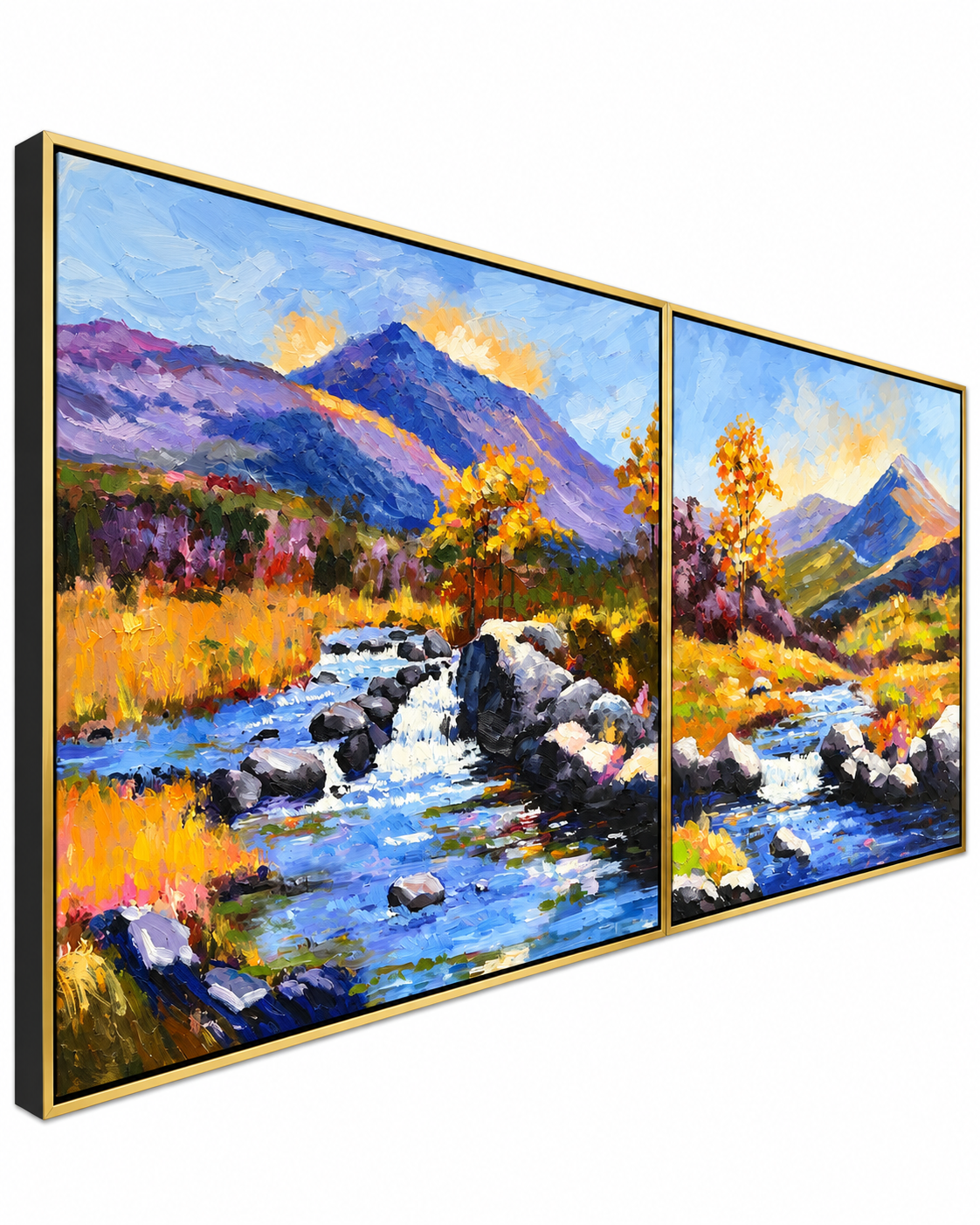 River Through the Valley 100% Hand Painted Wall Painting (With Golden Outer Floater Frame frame)