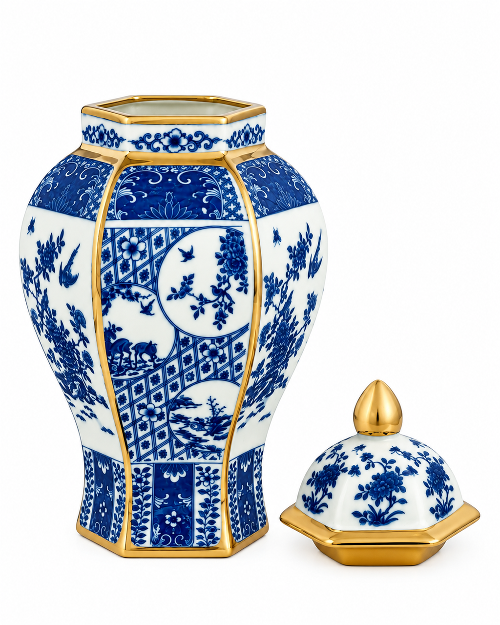 Bird Garden Lidded Decorative Vase & Showpiece for Home & Item for Home Decoration (Blue Pottery)