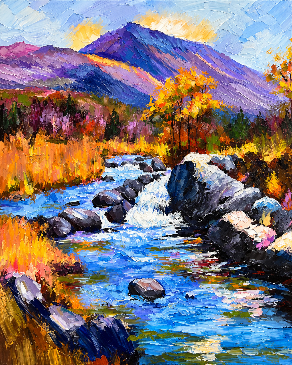 River Through the Valley 100% Hand Painted Wall Painting (With Golden Outer Floater Frame frame)