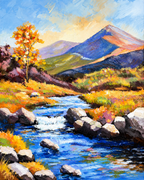 River Through the Valley 100% Hand Painted Wall Painting (With Golden Outer Floater Frame frame)
