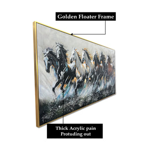Seven Horses Run Wild 100% Hand Painted Wall Painting & Wall Decoration Items - Medium (Golden Frame)