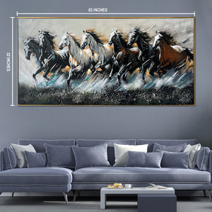 Seven Horses Run Wild 100% Hand Painted Wall Painting & Wall Decoration Items - Big (Golden Frame)