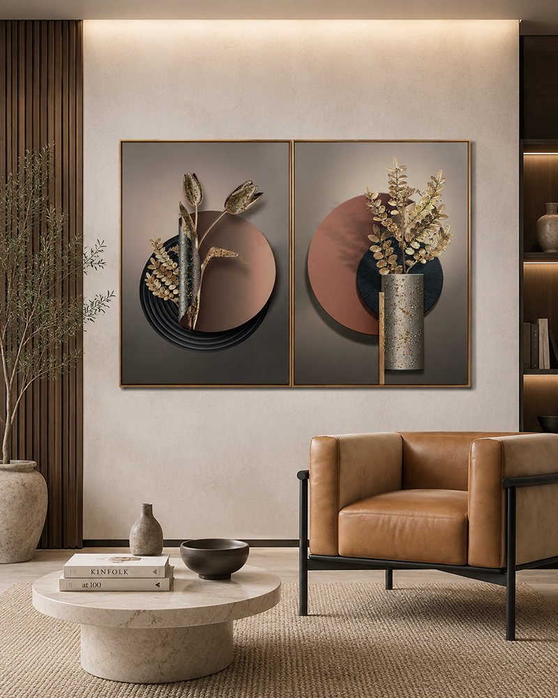 Charismatic Copper Crystal Glass Painting modern Art - Set of 2