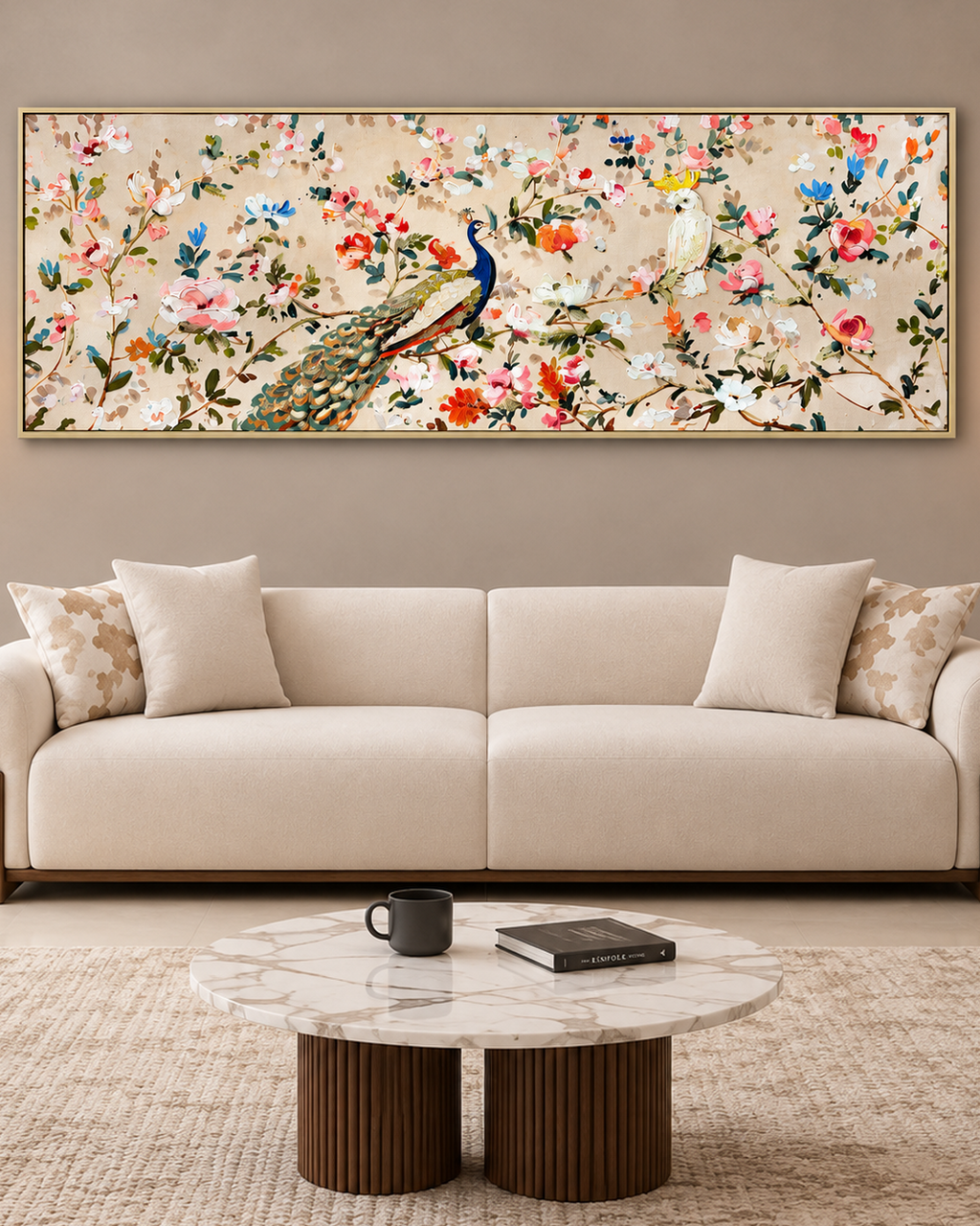 Peacock Meadow Hand painting for Home & Wall Decoration Item (With Outer Floater Frame) (59x19.5 Inches)
