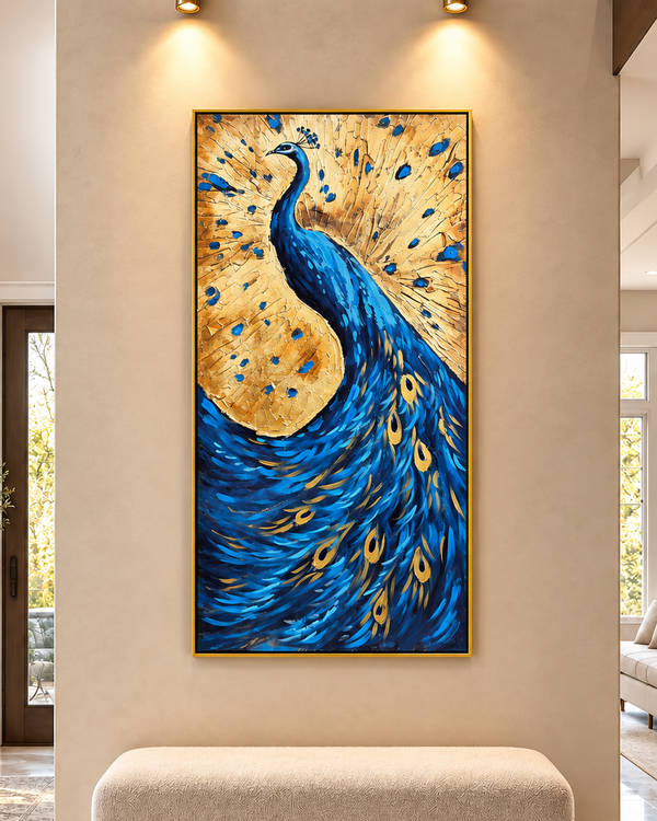 Peacock Reverie 100% Hand Painted Wall Painting (With Golden Outer Floater Frame frame) (27.5x55 Inches)