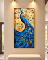 Peacock Reverie 100% Hand Painted Wall Painting (With Golden Outer Floater Frame frame) (27.5x55 Inches)