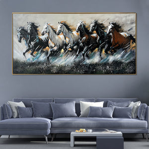 Seven Horses Run Wild 100% Hand Painted Wall Painting & Wall Decoration Items - Medium (Golden Frame)