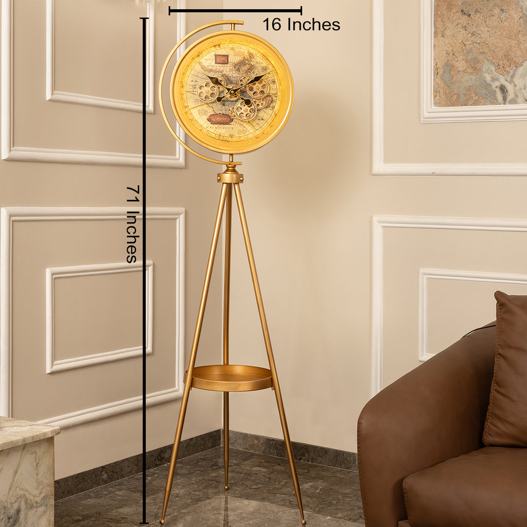 Timeless Tradition Tripod Base Luxury Designer Silent Movement Floor Clock With Moving Gear Mechanism (Steel Body) (With Light & Remote)