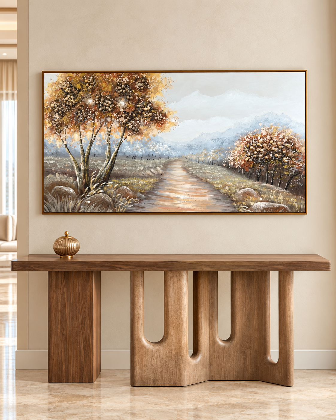 Path to the Hills Handmade Nature Painting For Home (With Golden Outer Floater Frame ) (27.5x55 Inches)