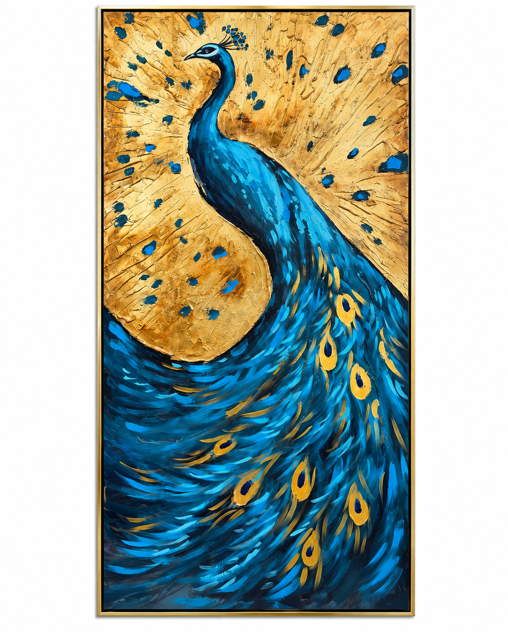 Peacock Reverie 100% Hand Painted Wall Painting (With Golden Outer Floater Frame frame) (27.5x55 Inches)