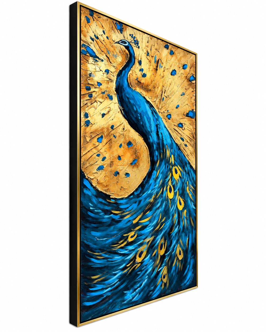 Peacock Reverie 100% Hand Painted Wall Painting (With Golden Outer Floater Frame frame) (27.5x55 Inches)