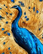 Peacock Reverie 100% Hand Painted Wall Painting (With Golden Outer Floater Frame frame) (27.5x55 Inches)
