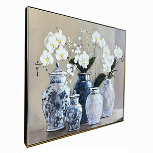 Orchid Vase Harmony 100% Hand Painted Wall Painting & Wall Decor Item (With outer Floater Frame) (47x35.5 Inches)