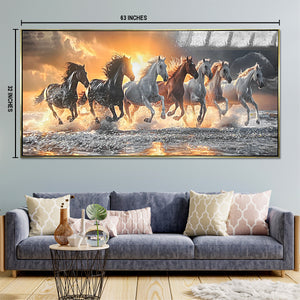 Golden Sunrise Seven Horse  Hand Painted Decorative Wall Painting Bedroom (With Outer Floater Frame)