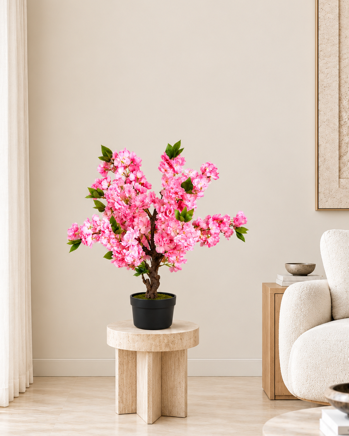 Bonsai Cherry Blossom Artificial Indoor Plant For Home  ( Natural feel )  ( 2 Feet )