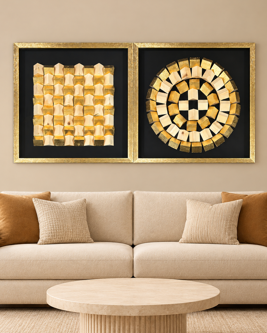 Golden Orbit & Lustrous Grid Shadow Box Wall Decoration Piece - Set of 2