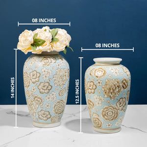 The Nightingale Textured Decorative Ceramic Vase And Showpiece - Set of 2