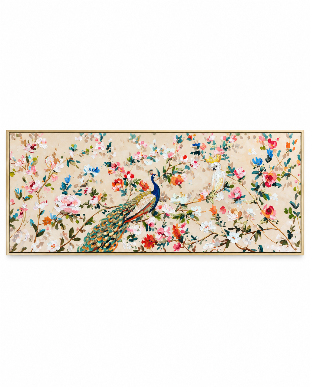 Peacock Meadow Hand painting for Home & Wall Decoration Item (With Outer Floater Frame) (59x19.5 Inches)