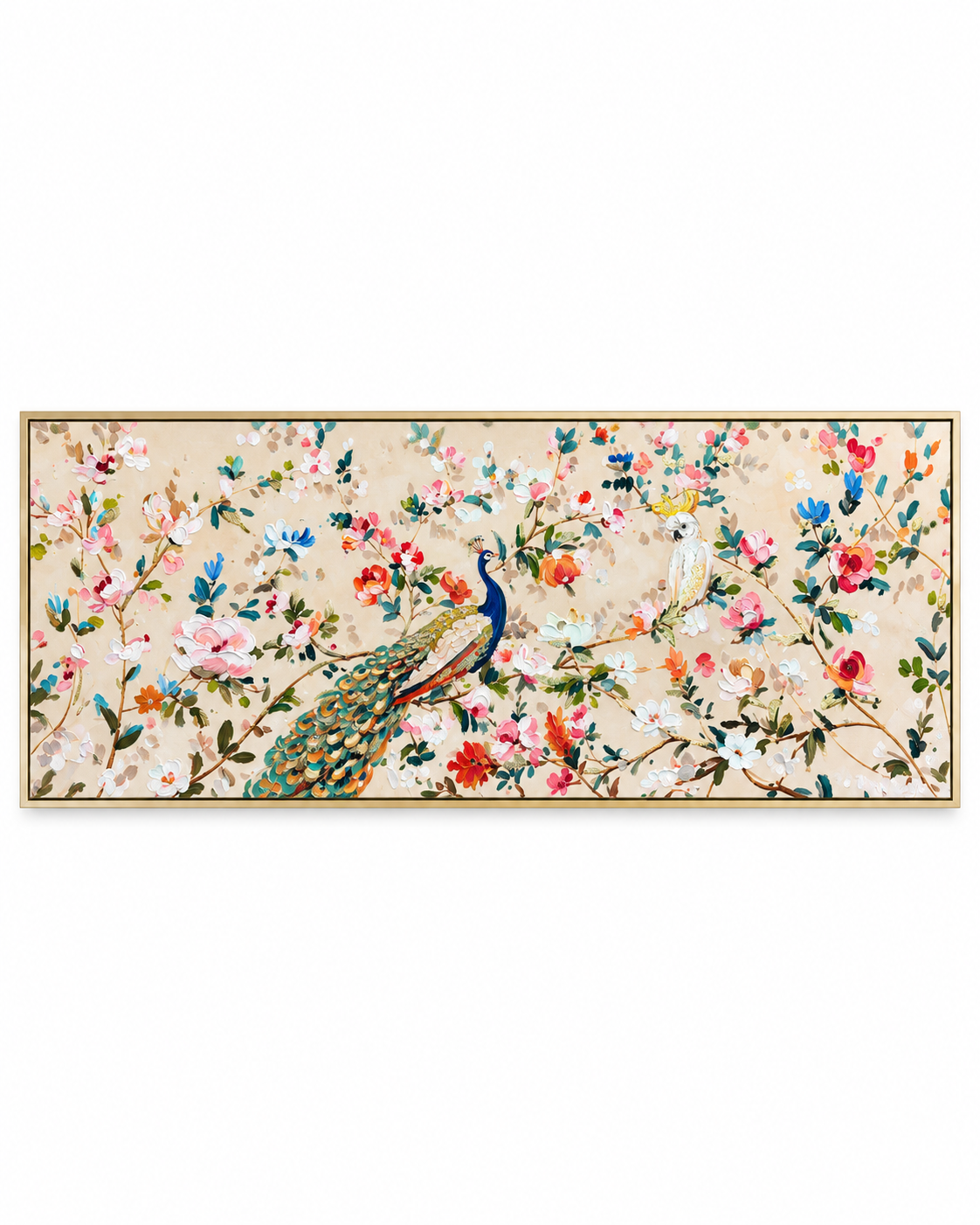 Peacock Meadow Hand painting for Home & Wall Decoration Item (With Outer Floater Frame) (59x19.5 Inches)