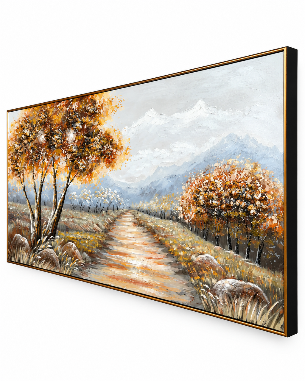 Path to the Hills Handmade Nature Painting For Home (With Golden Outer Floater Frame ) (27.5x55 Inches)