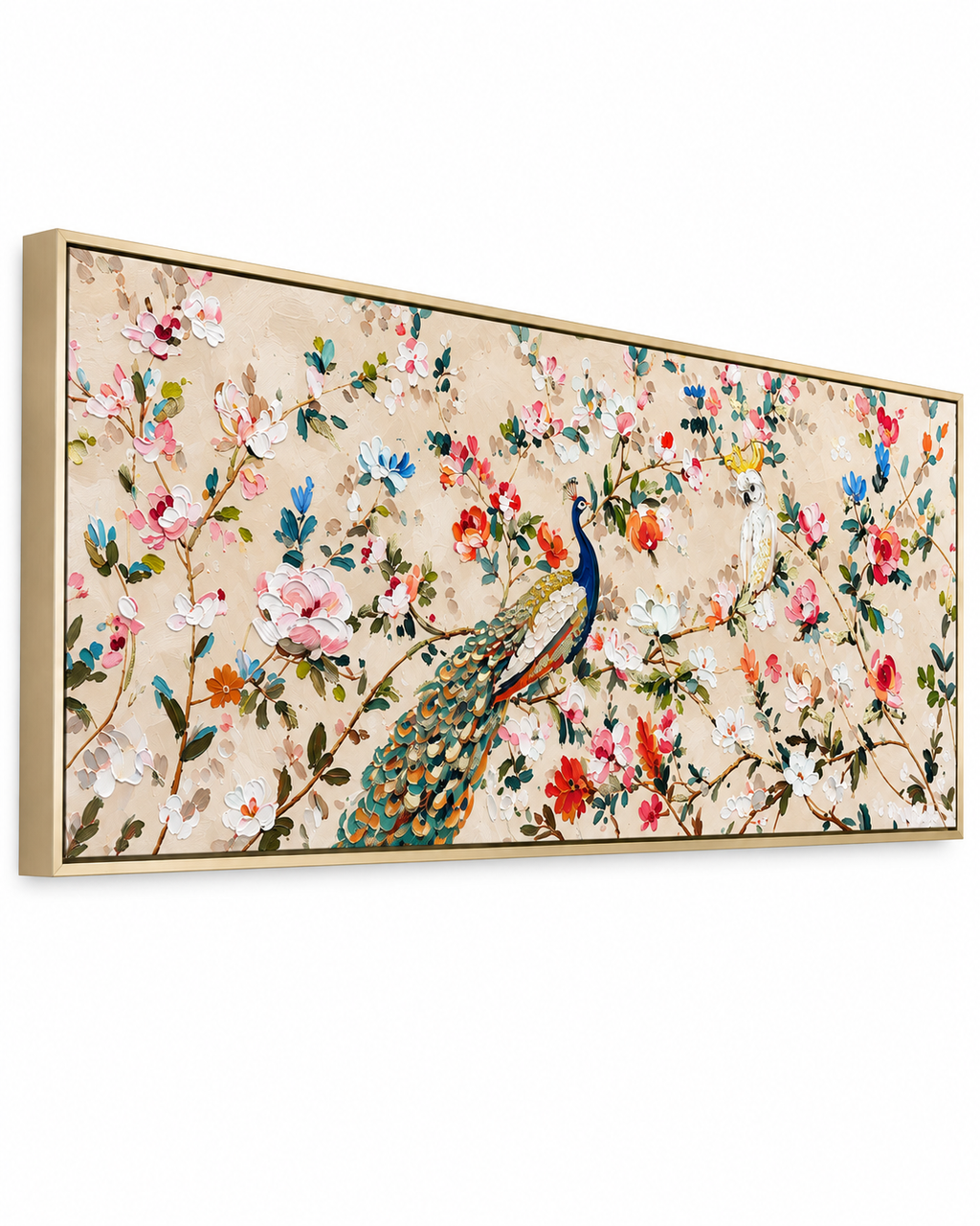 Peacock Meadow Hand painting for Home & Wall Decoration Item (With Outer Floater Frame) (59x19.5 Inches)