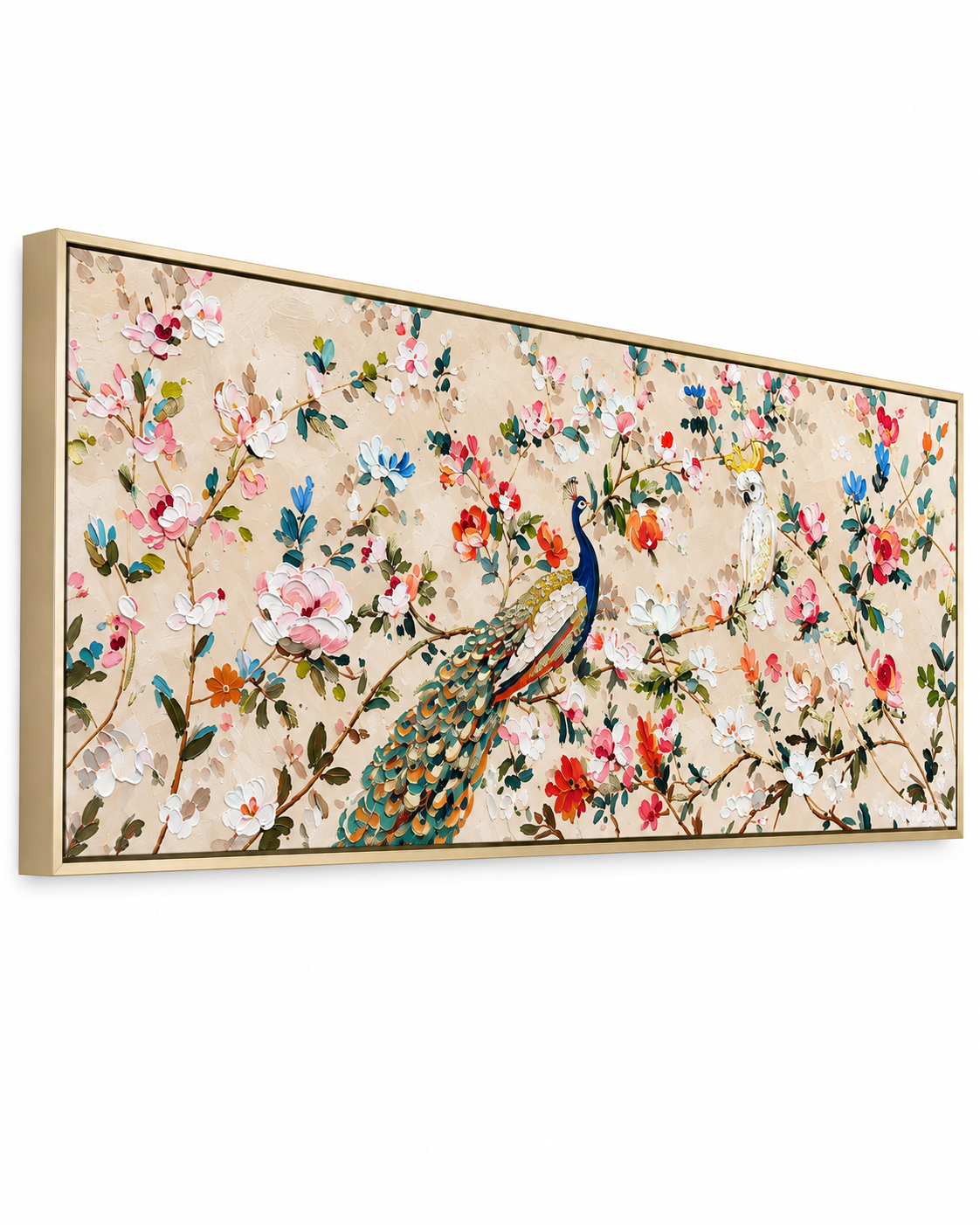 Peacock Meadow Hand painting for Home & Wall Decoration Item (With Outer Floater Frame) (59x19.5 Inches)