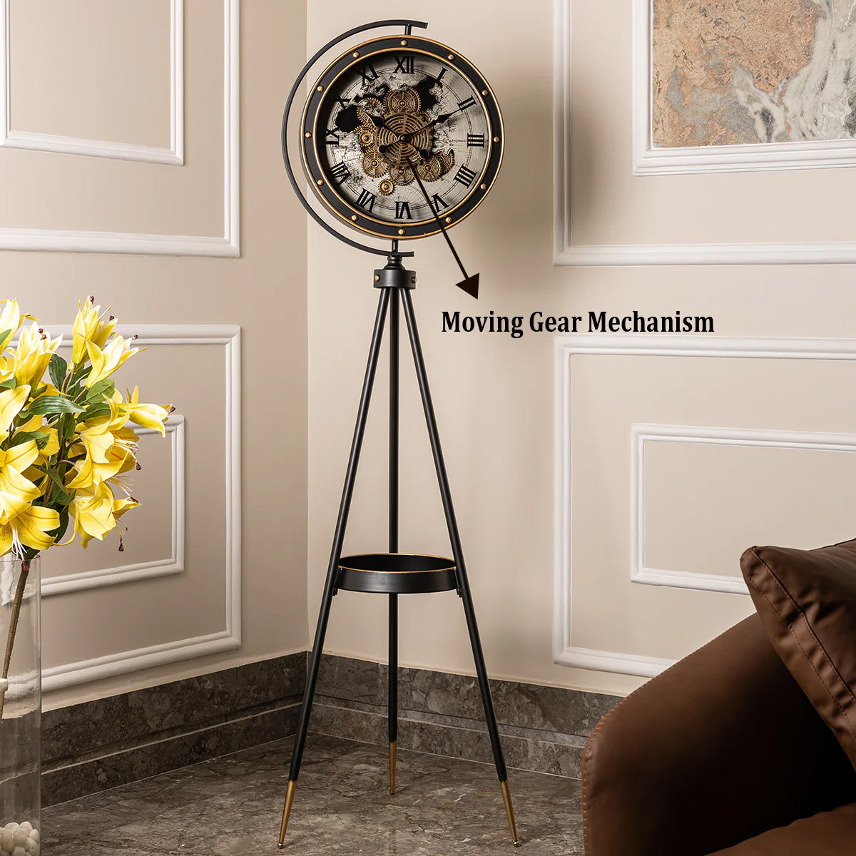 Moon Phase Tripod Base Luxury Designer Floor Clock With Moving Gear Mechanism (Black) (Steel Body)